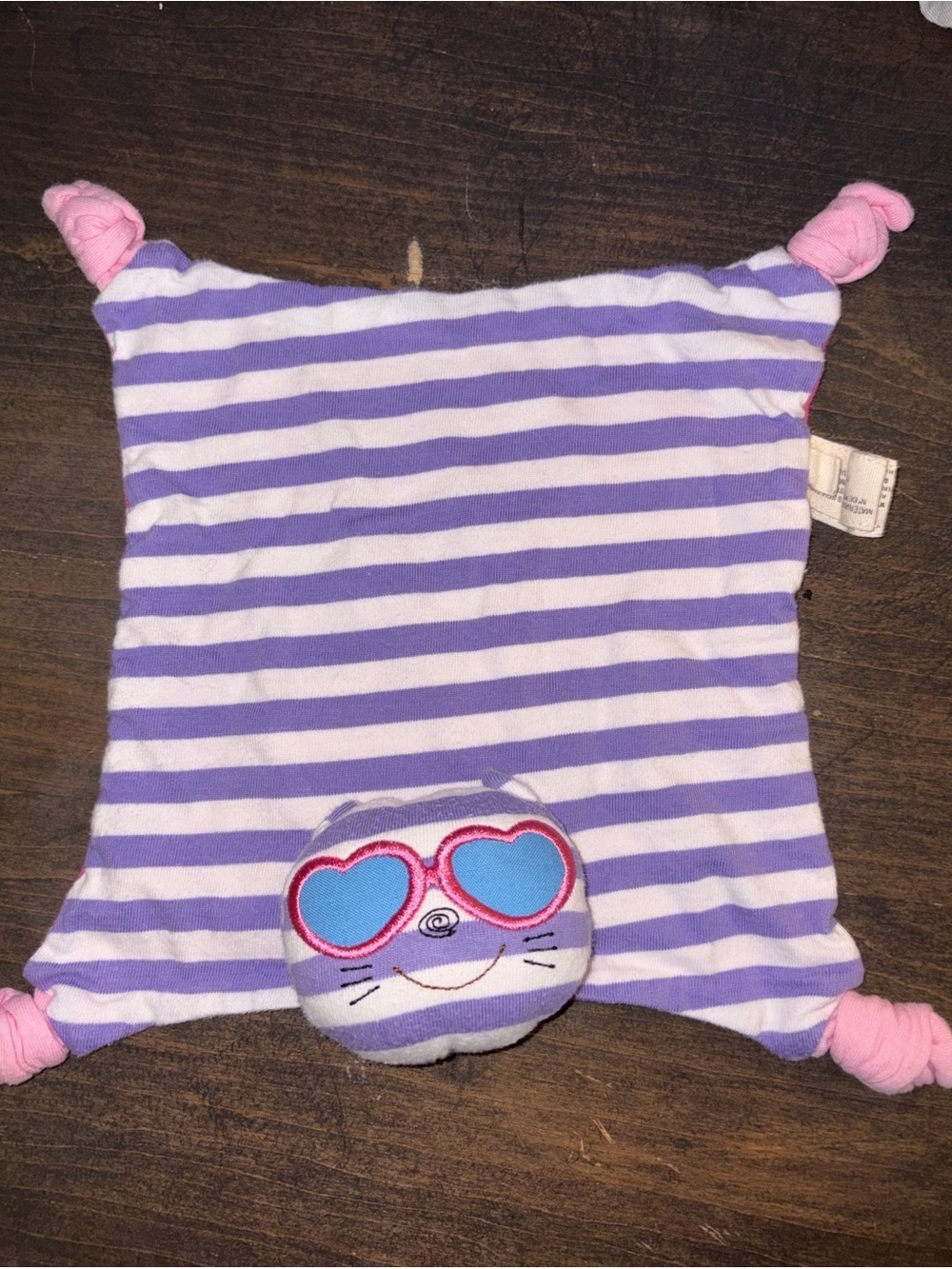 Organic Farm Buddies Cat Striped Purple White Baby Lovey with Pink Knot Corners
